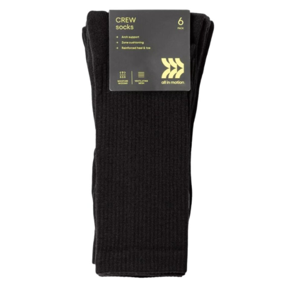 All in Motion Men’s Active Crew Socks 6 Pack Black Size 6–12 Running Walking Gym